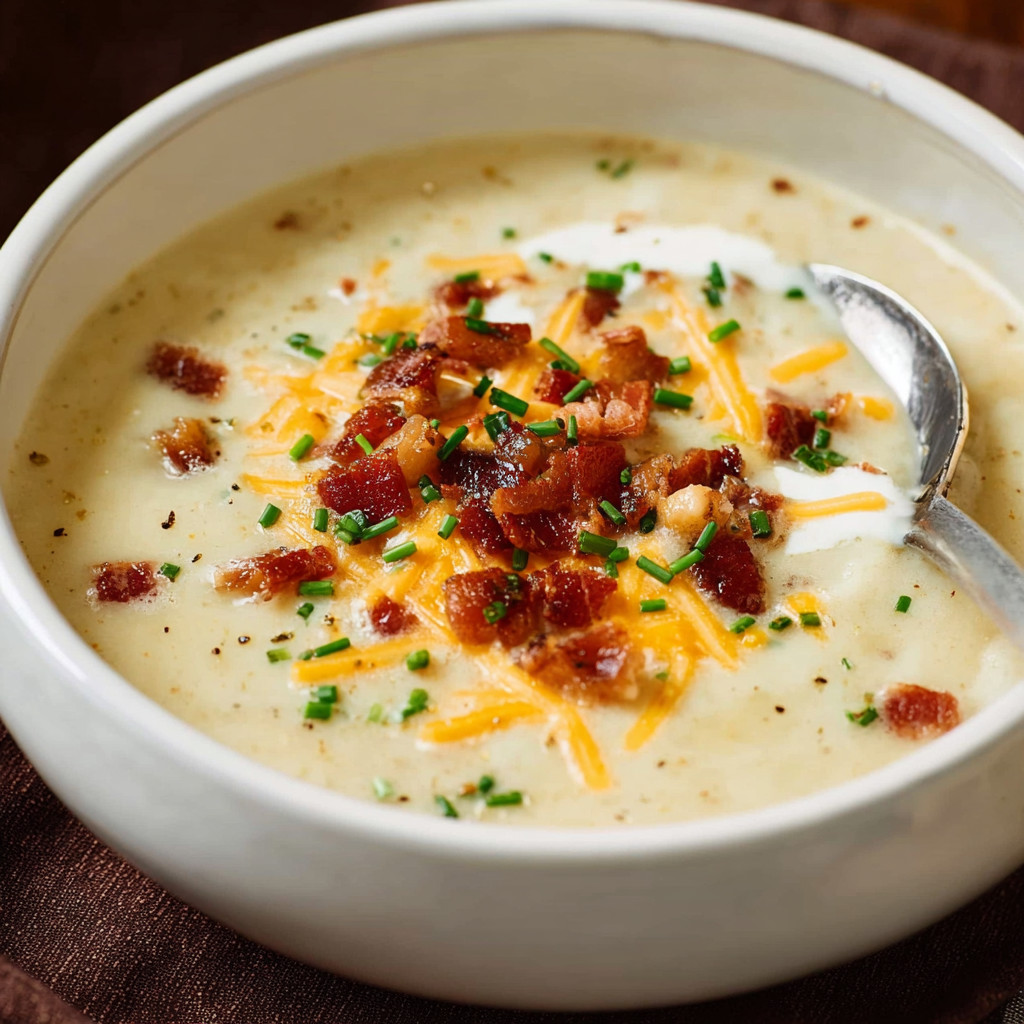 A bowl of soup with bacon and cheese.