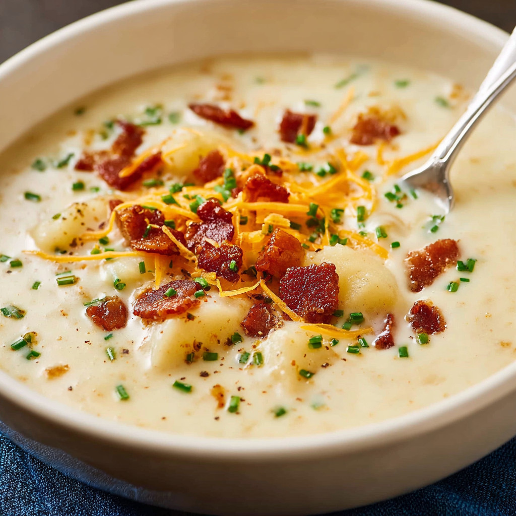 A bowl of soup with bacon and cheese.