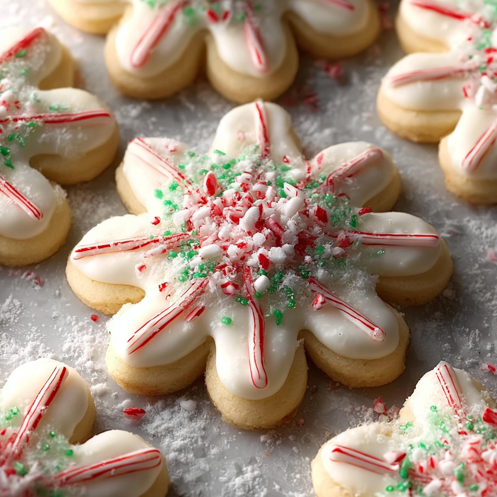 A close up of a peppermint snowflake sugar cookie.
