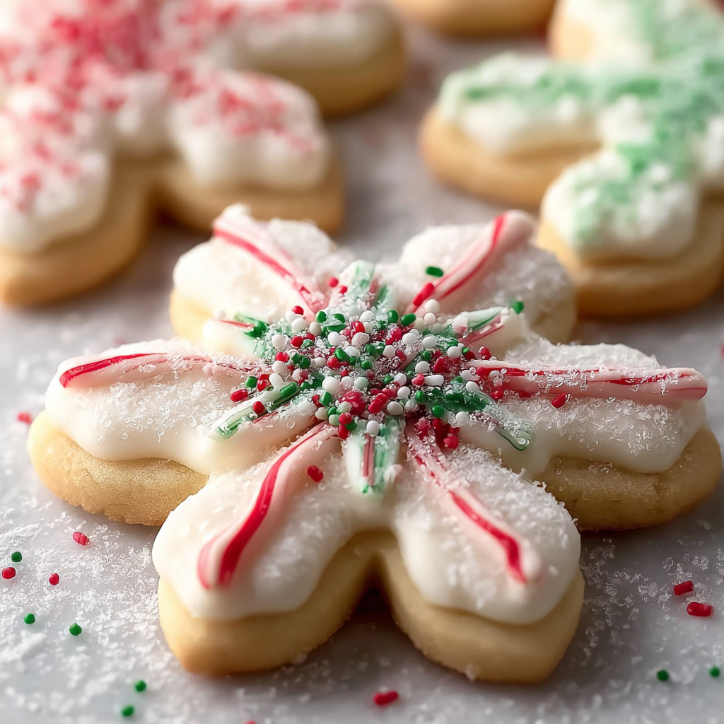 A close up of a peppermint snowflake sugar cookie.