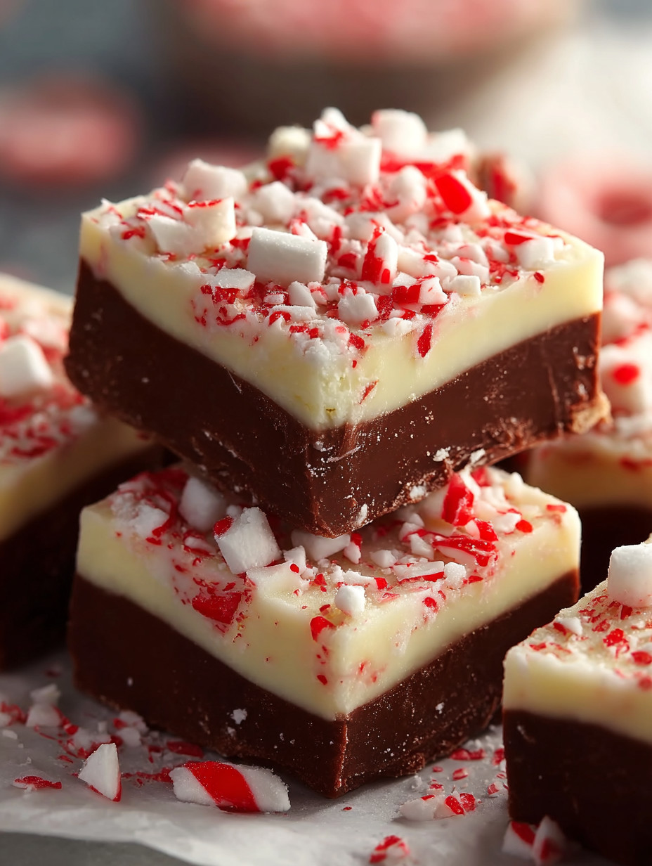 A stack of chocolate and white fudge squares with red and white sprinkles.