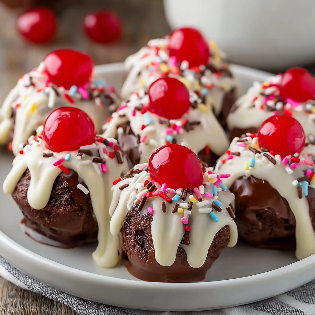 A plate of chocolate cake balls with cherries on top.
