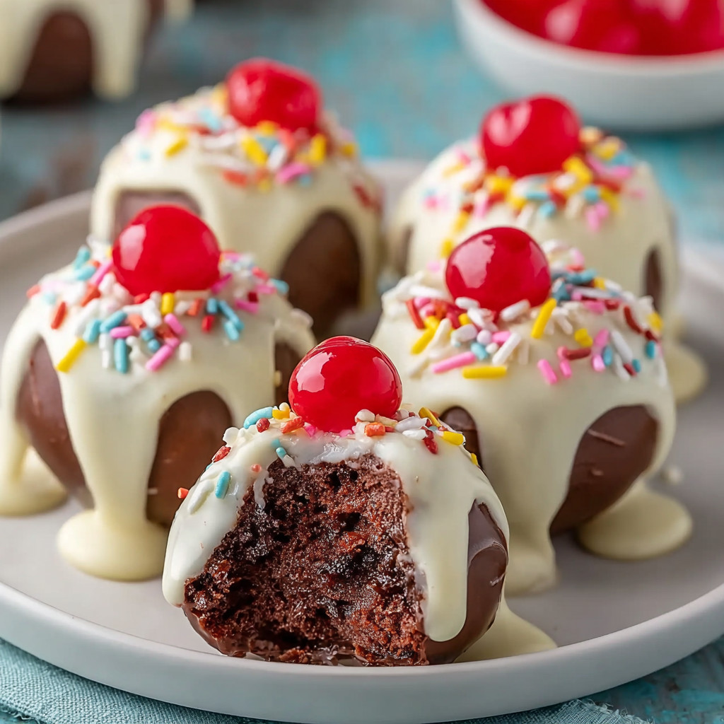 A plate of chocolate cake balls with cherries on top.