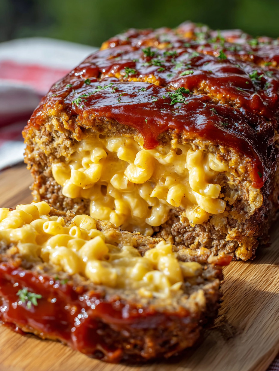 A slice of meatloaf with mac and cheese in it.