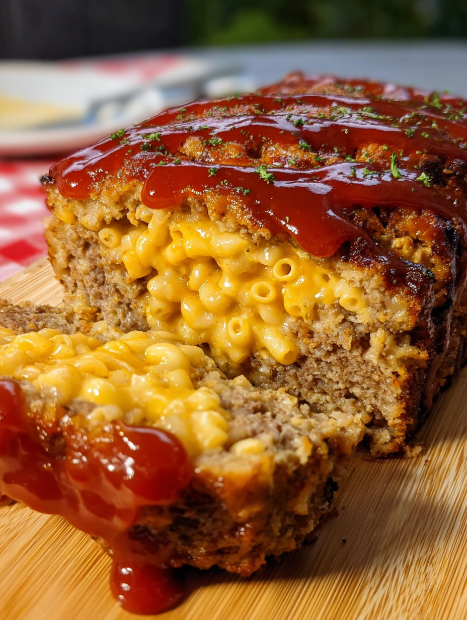 A slice of mac and cheese stuffed meatloaf.