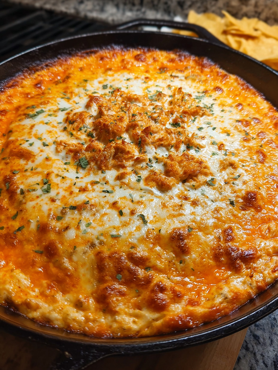 A close up of a delicious looking buffalo chicken dip.