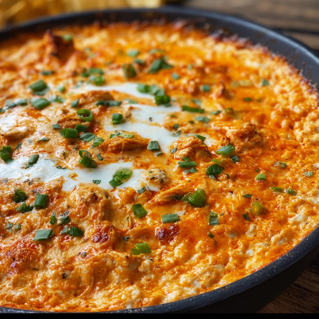 A pan of rotisserie buffalo chicken dip with ranch.