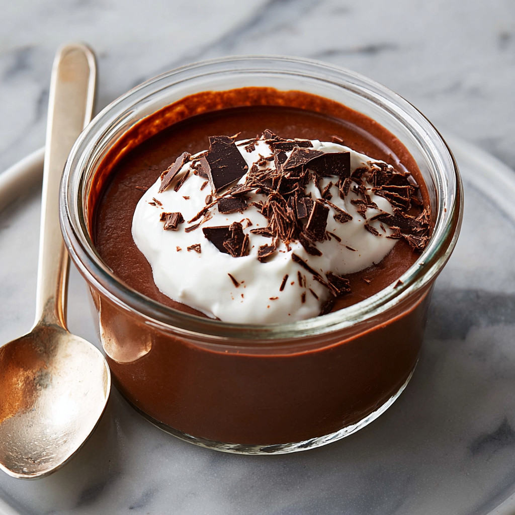 A chocolate pots de creme with whipped cream on top.