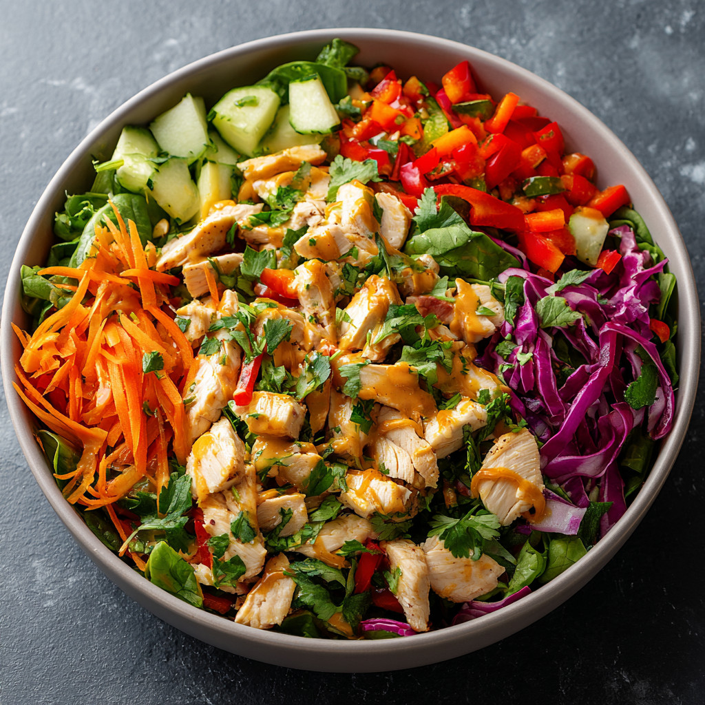 A bowl of Thai chicken salad with peanut dressing.