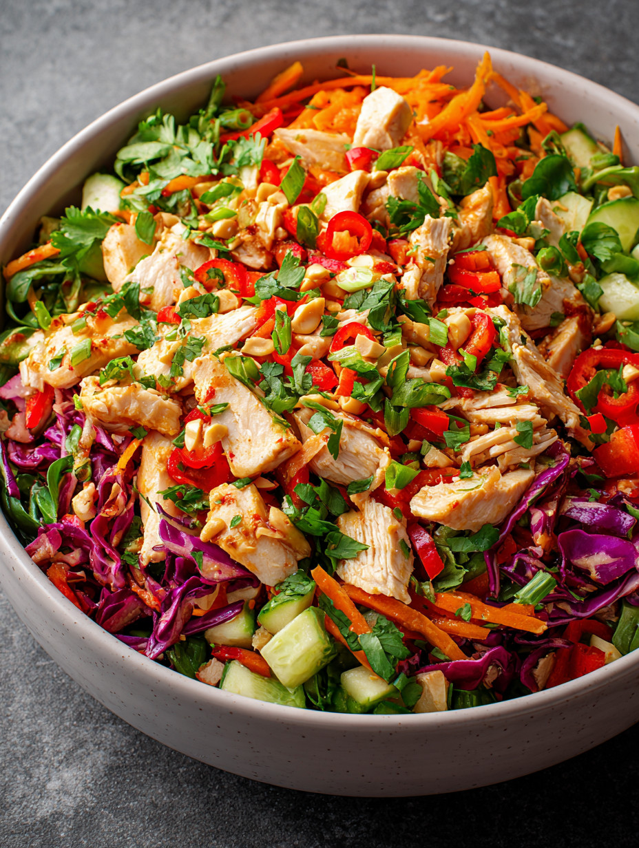A bowl of Thai chicken salad with peanut dressing.
