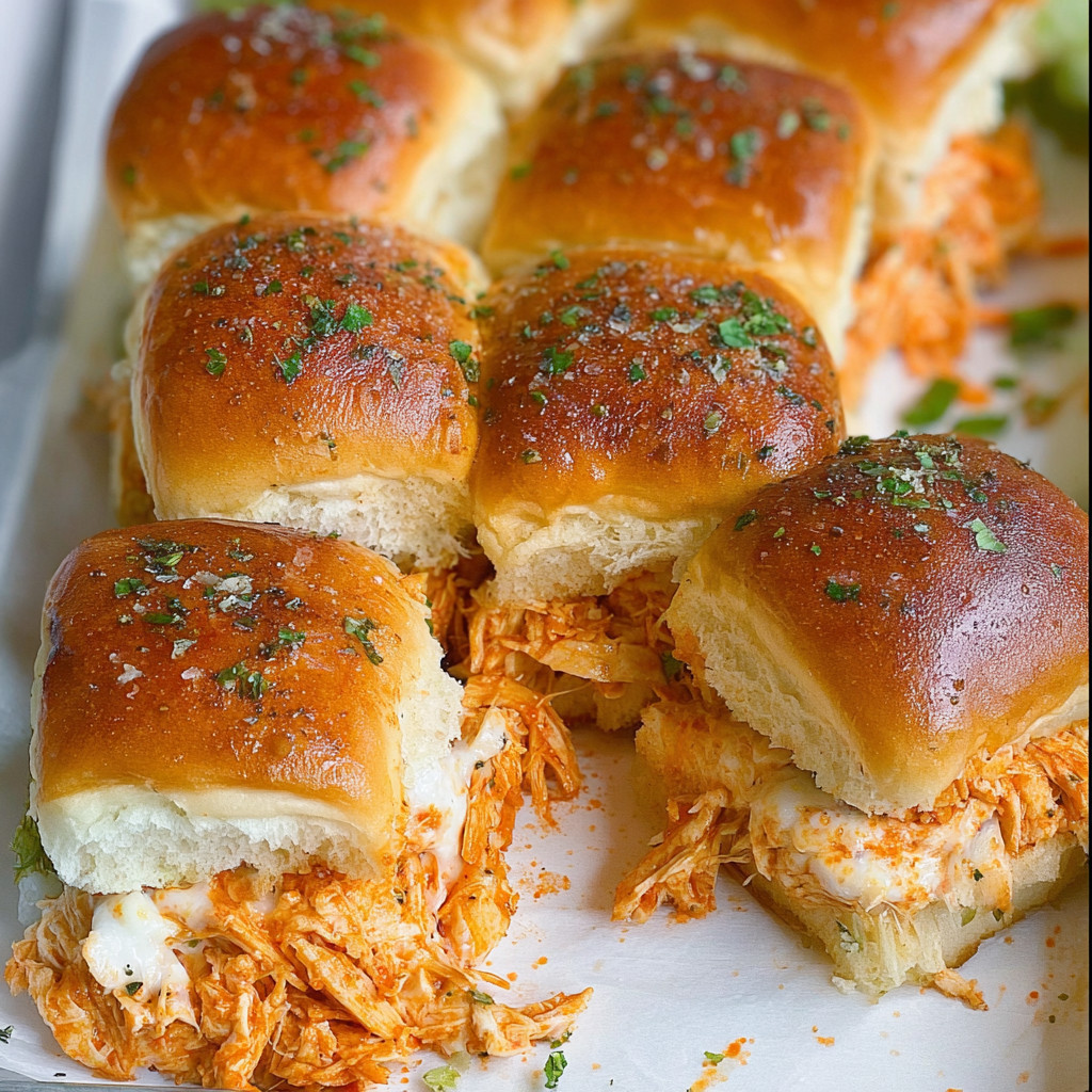 A tray of spicy buffalo chicken sliders.