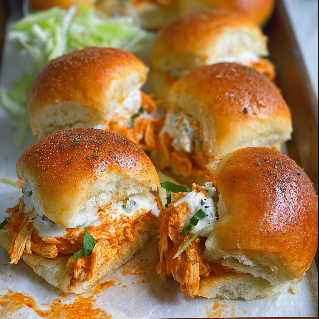 A tray of spicy buffalo chicken sliders.