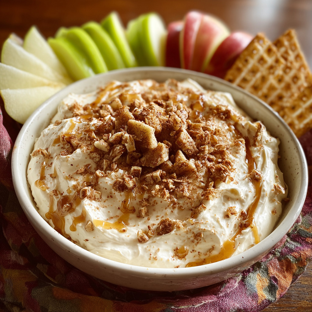 A bowl of apple toffee dip with a cracker on top.