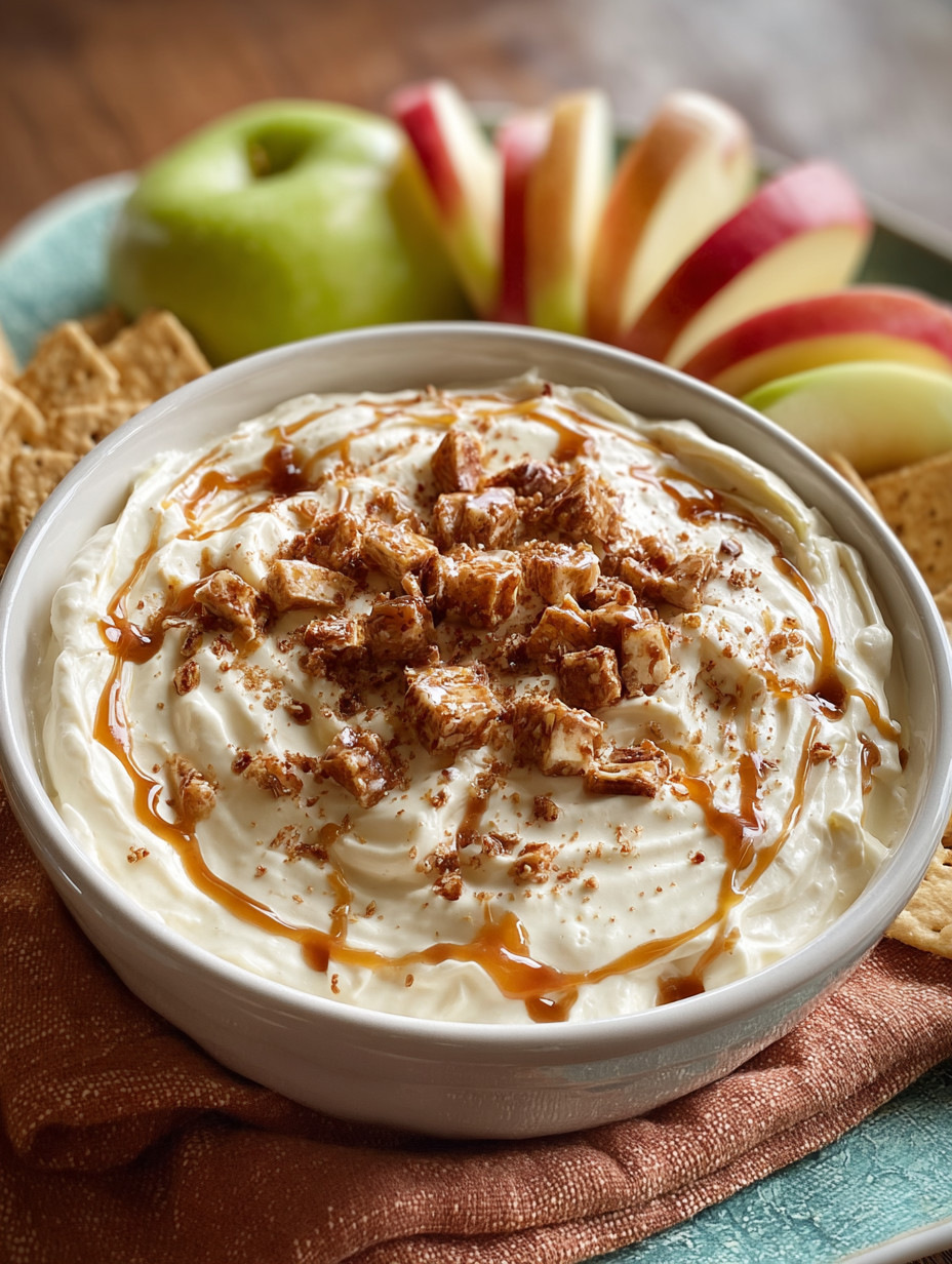 A bowl of apple toffee dip with a spoon in it.