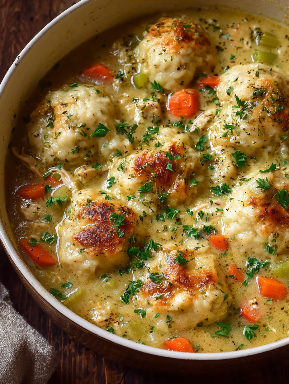 A bowl of chicken and dumplings.
