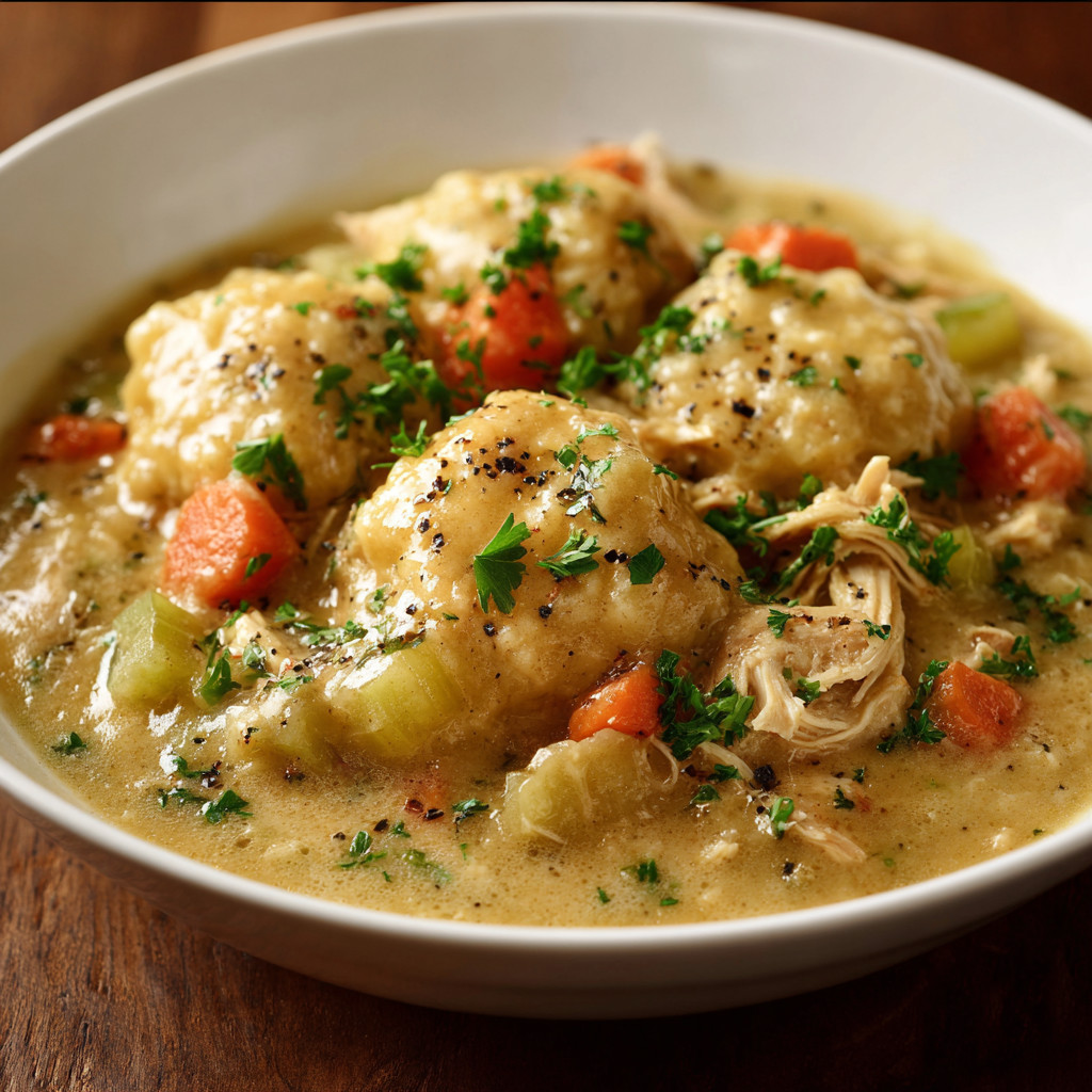 A bowl of chicken and dumplings.