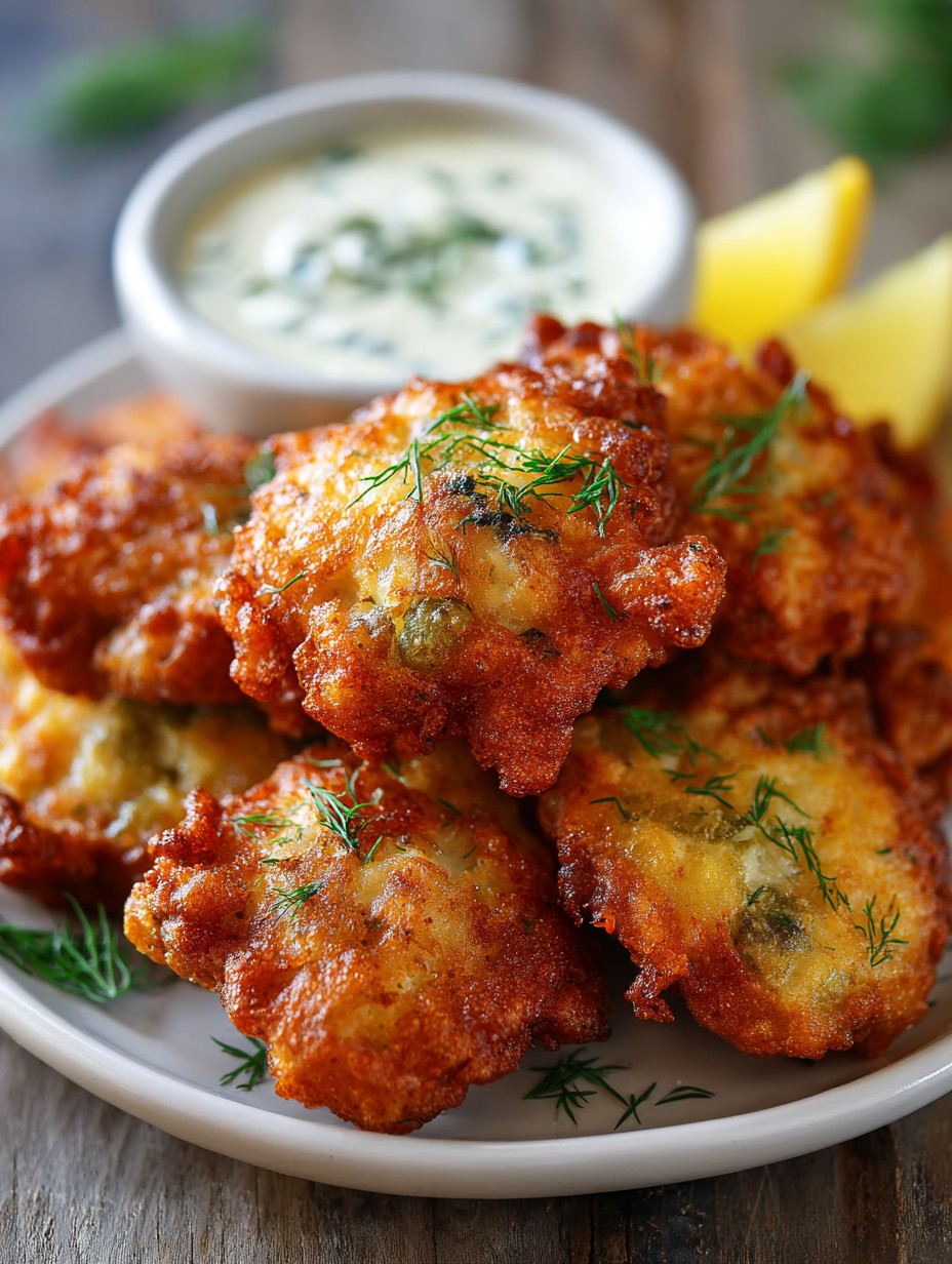 A plate of dill pickle chicken fritters with a bowl of dipping sauce.