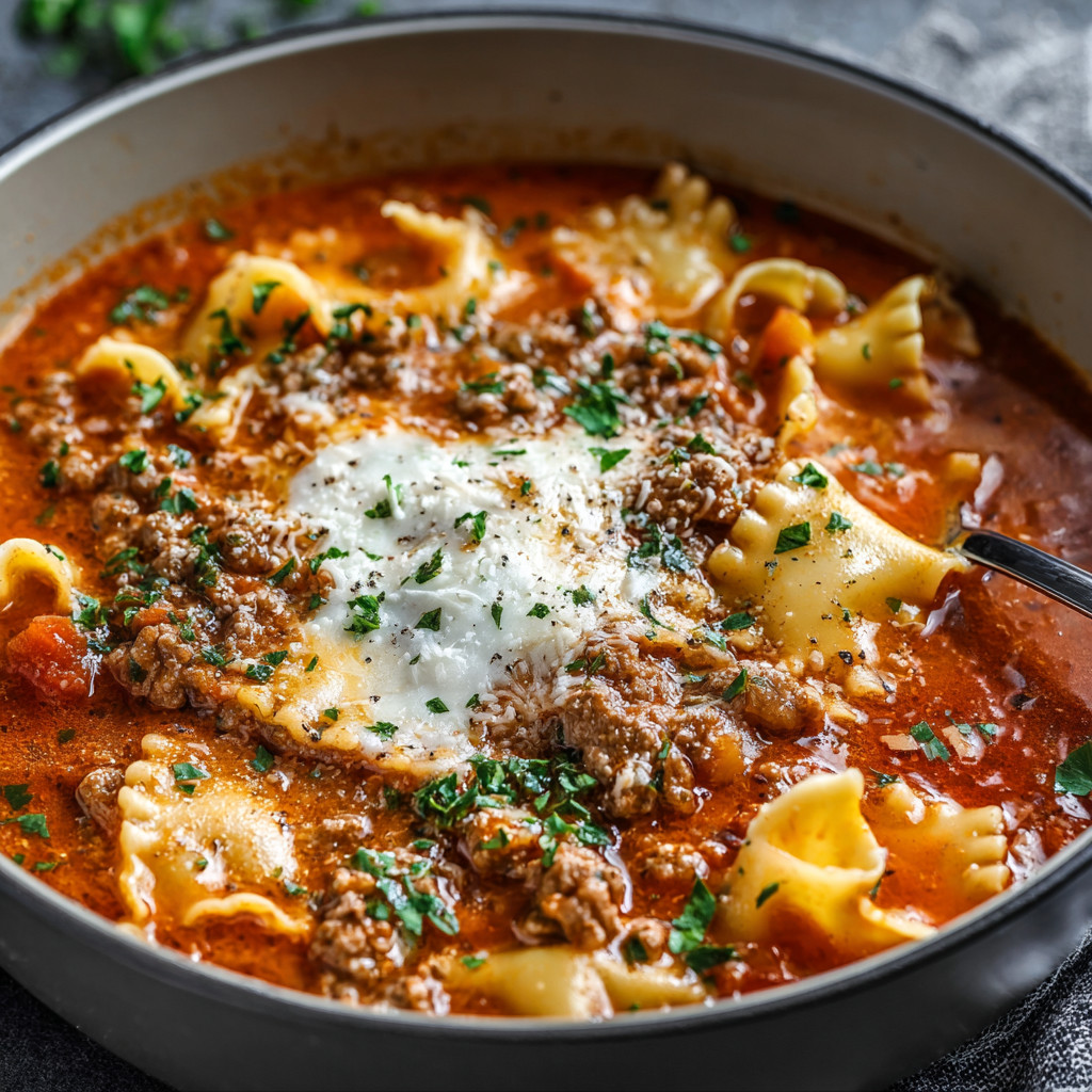 A bowl of lasagna soup with noodles and meat.