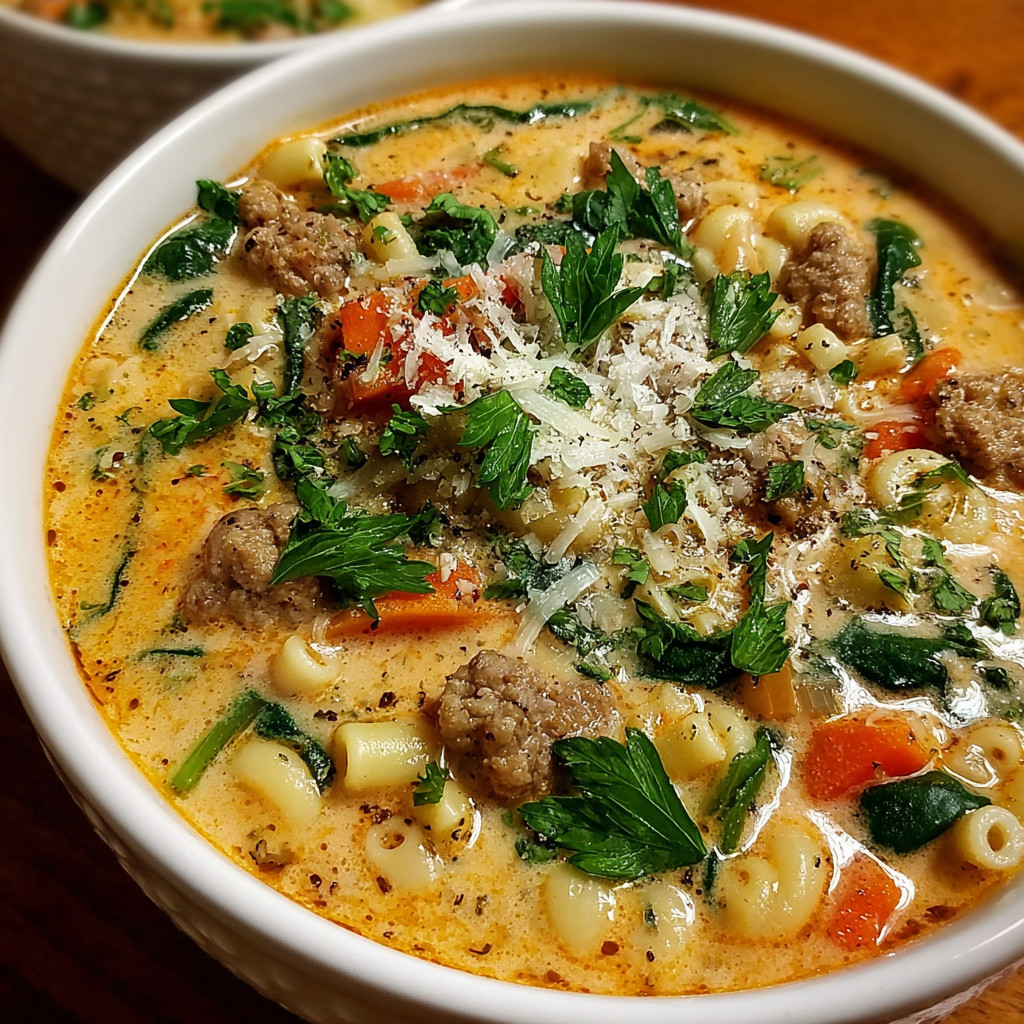 A bowl of soup with sausage and vegetables.