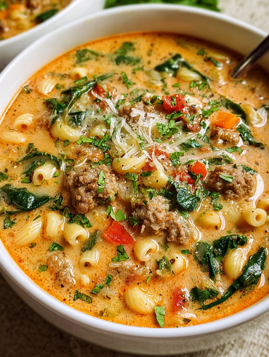 A bowl of hearty Italian sausage ditalini soup.