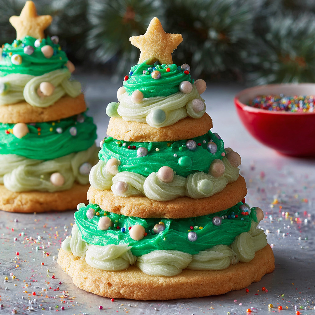 Green Christmas tree cookies stacked on top of each other.