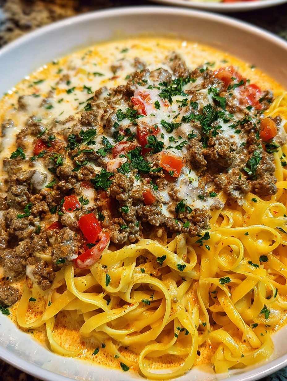 A dish of Cajun beef linguine in creamy velveeta parmesan garlic sauce.