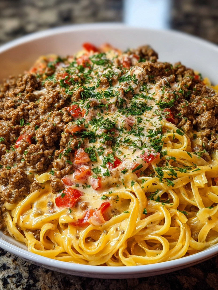 A bowl of Cajun beef linguine in creamy velveeta parmesan garlic sauce.