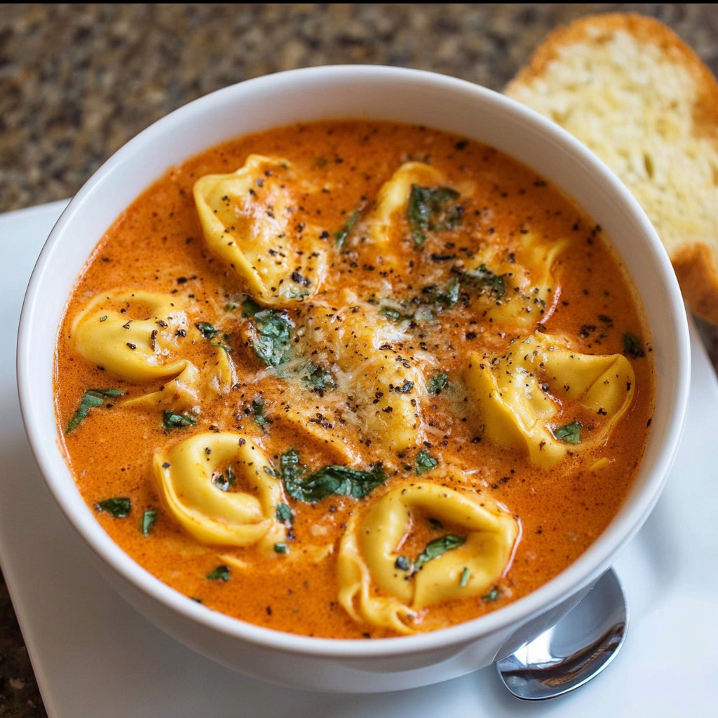 A bowl of soup with a spoon in it.