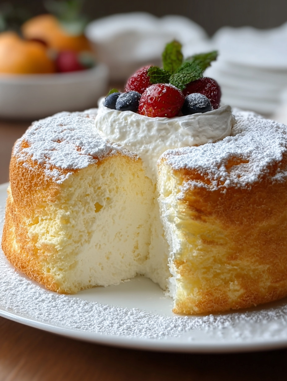 A slice of a light and fluffy cloud cake.