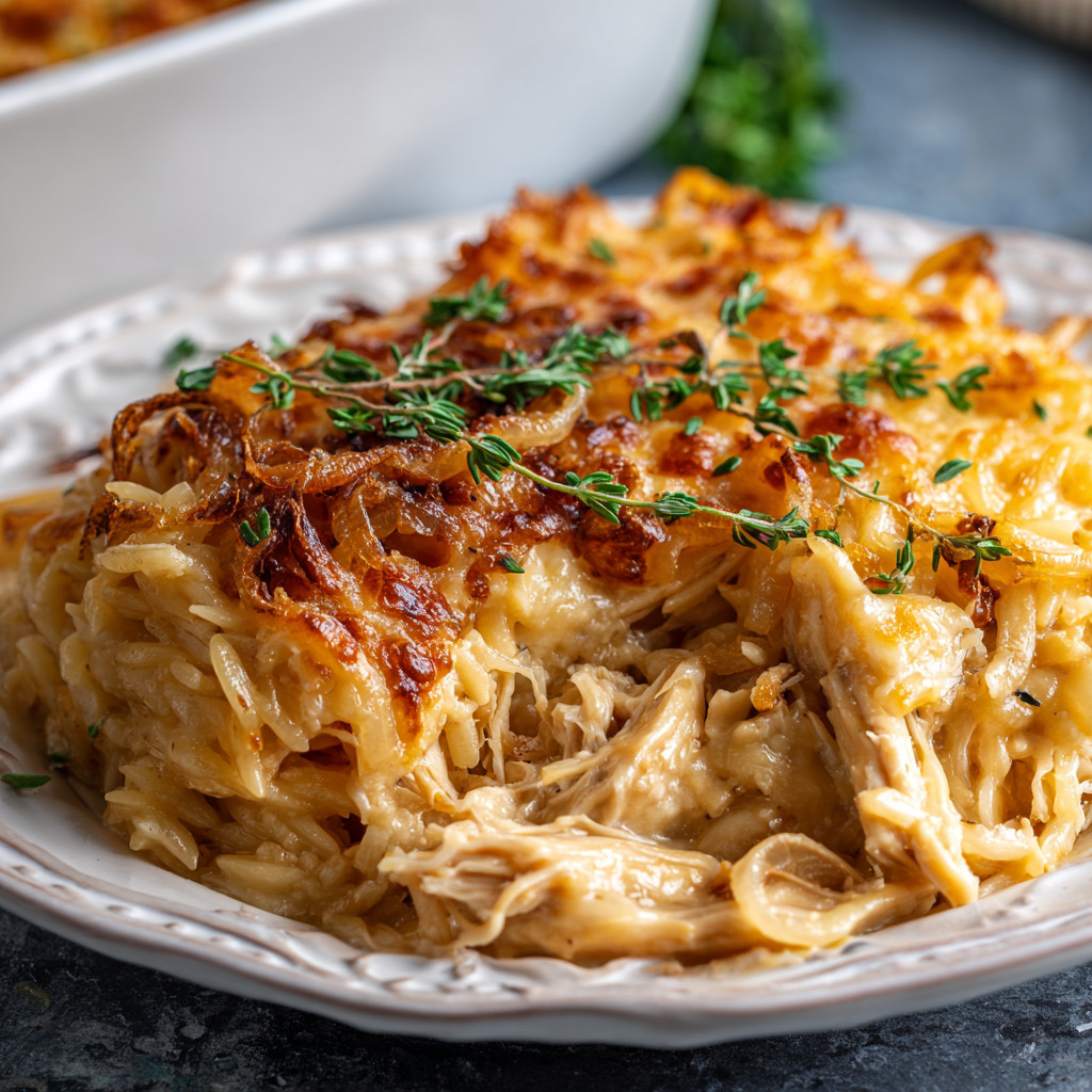 A plate of French Onion Chicken Orzo Casserole.