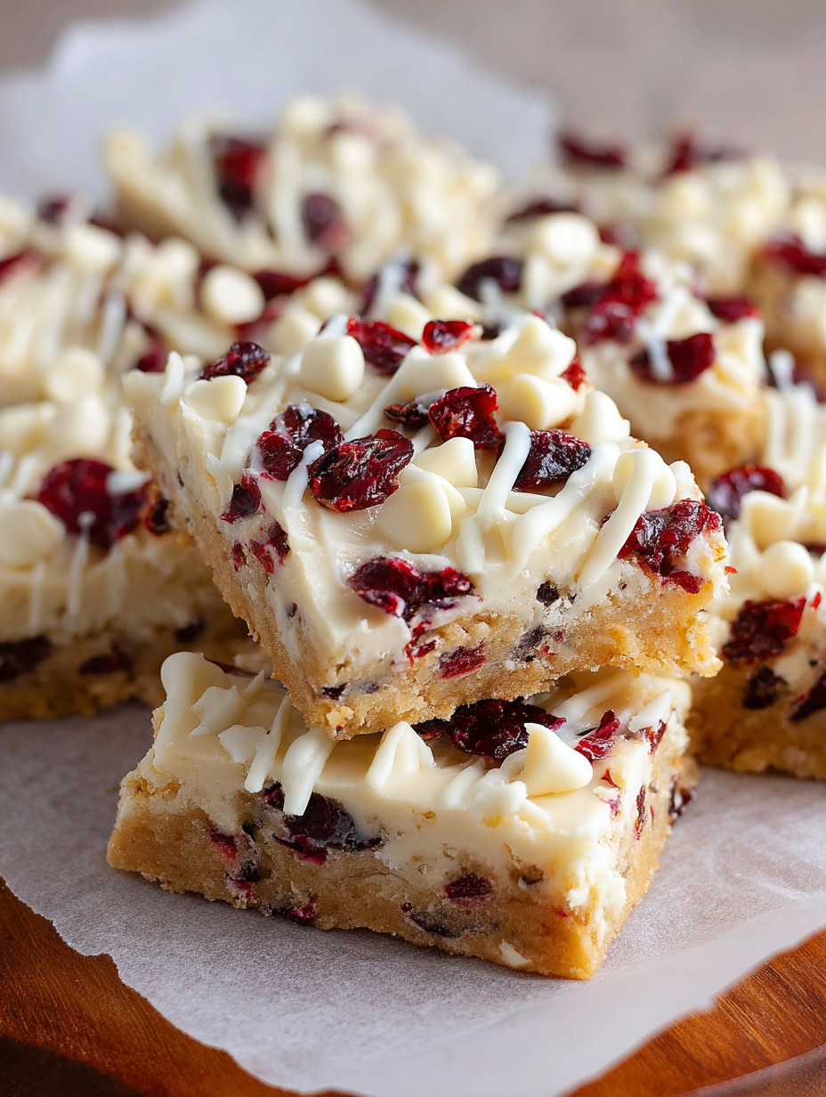 A close up of a dessert with white icing and red cranberries.