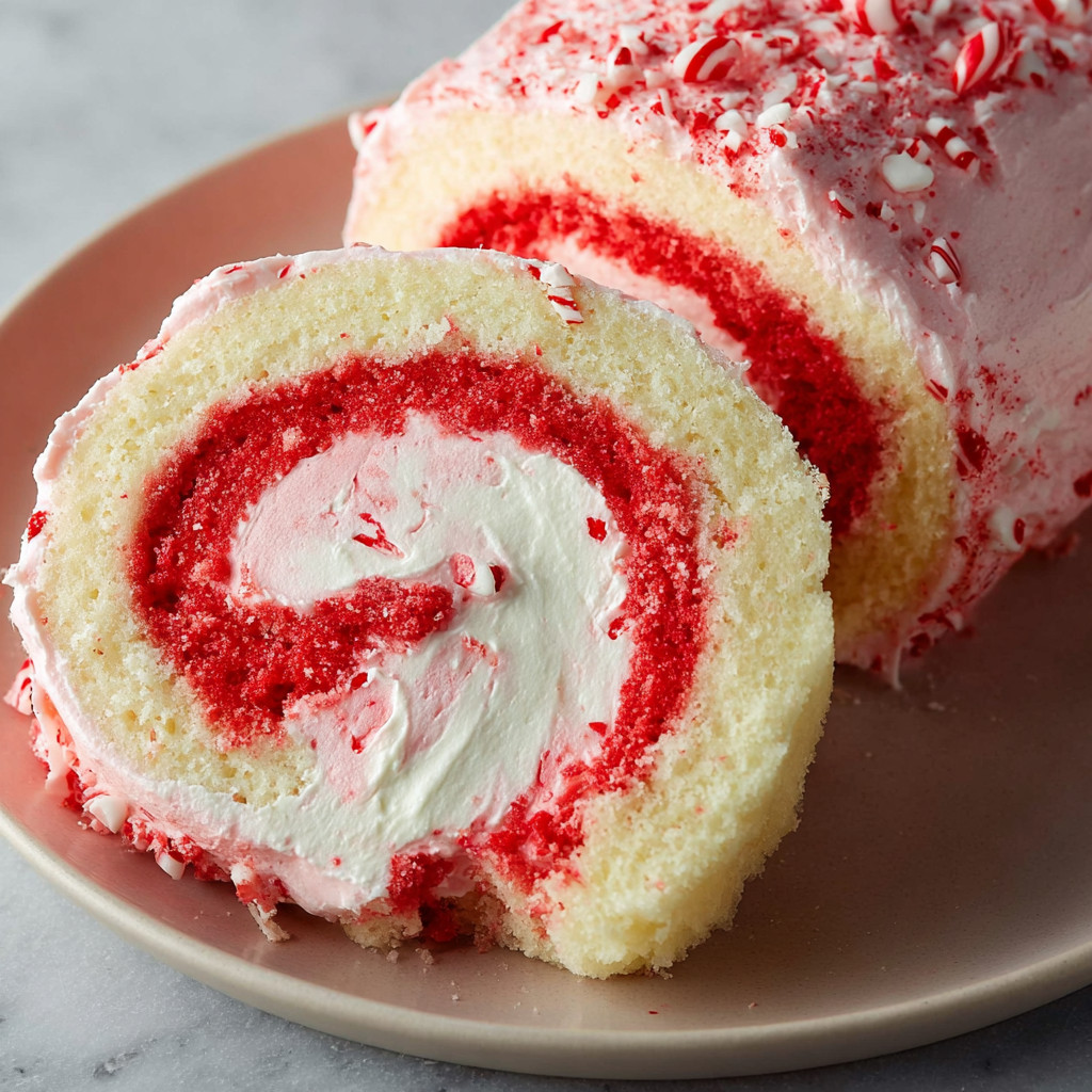 A candy cane roll with white frosting and red stripes.
