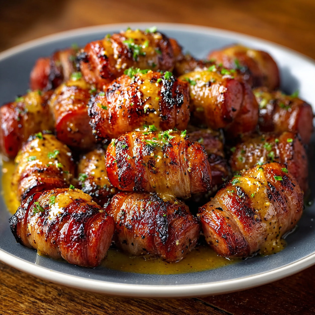 A plate of beef bites with mustard.