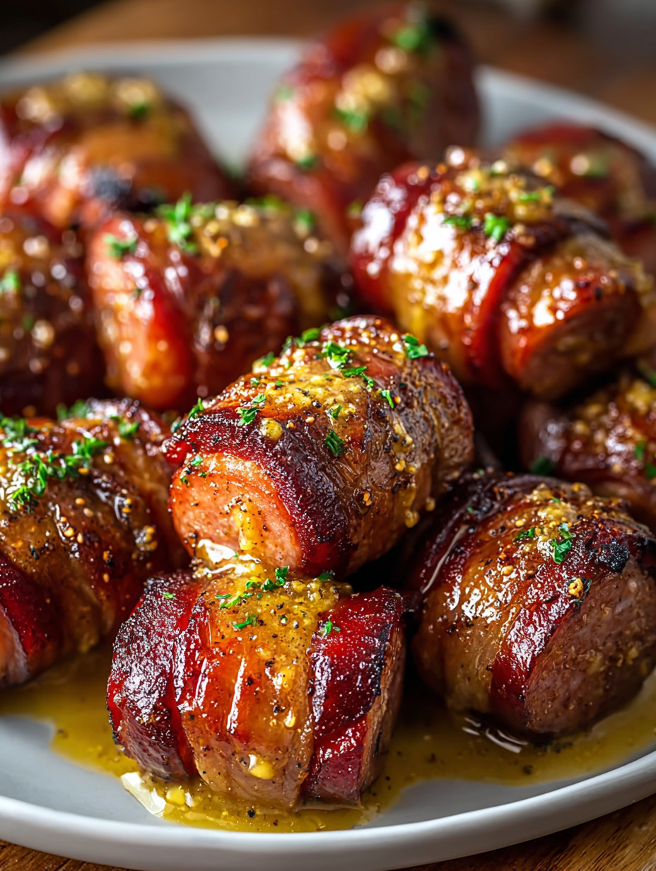 A plate of hasselback beef bites with mustard.