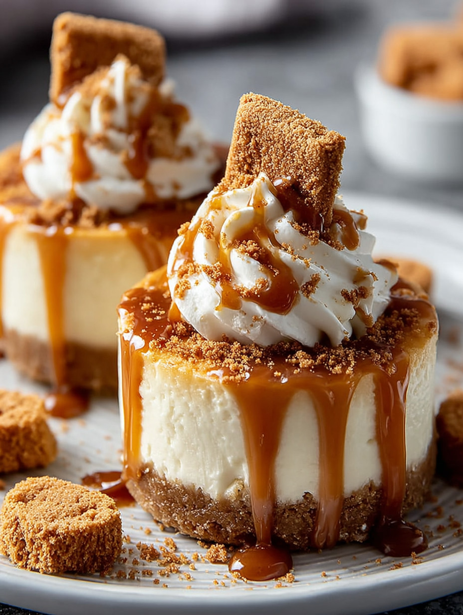 Two mini biscoff cheesecakes with caramel drizzle.