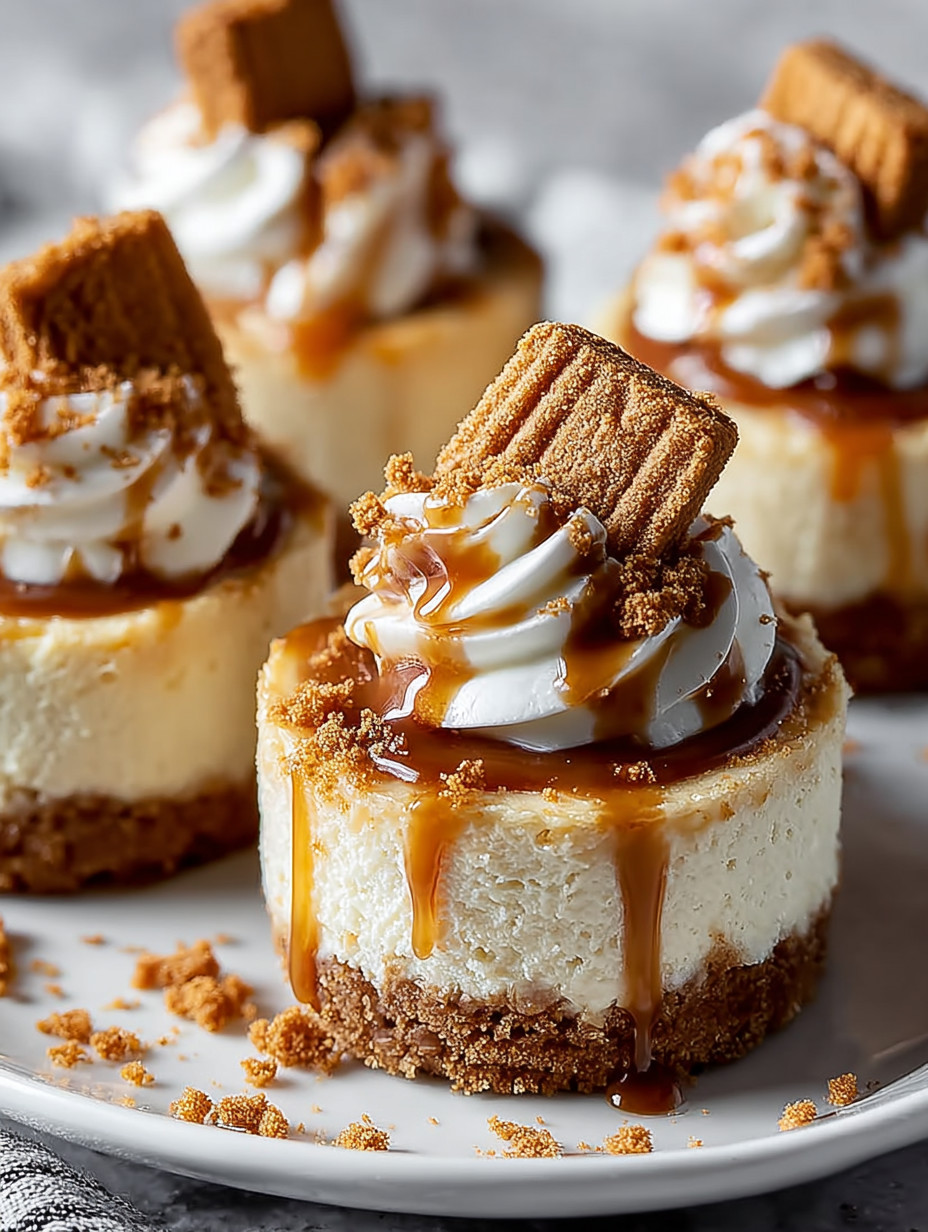 Mini Biscoff Cheesecakes with caramel sauce.