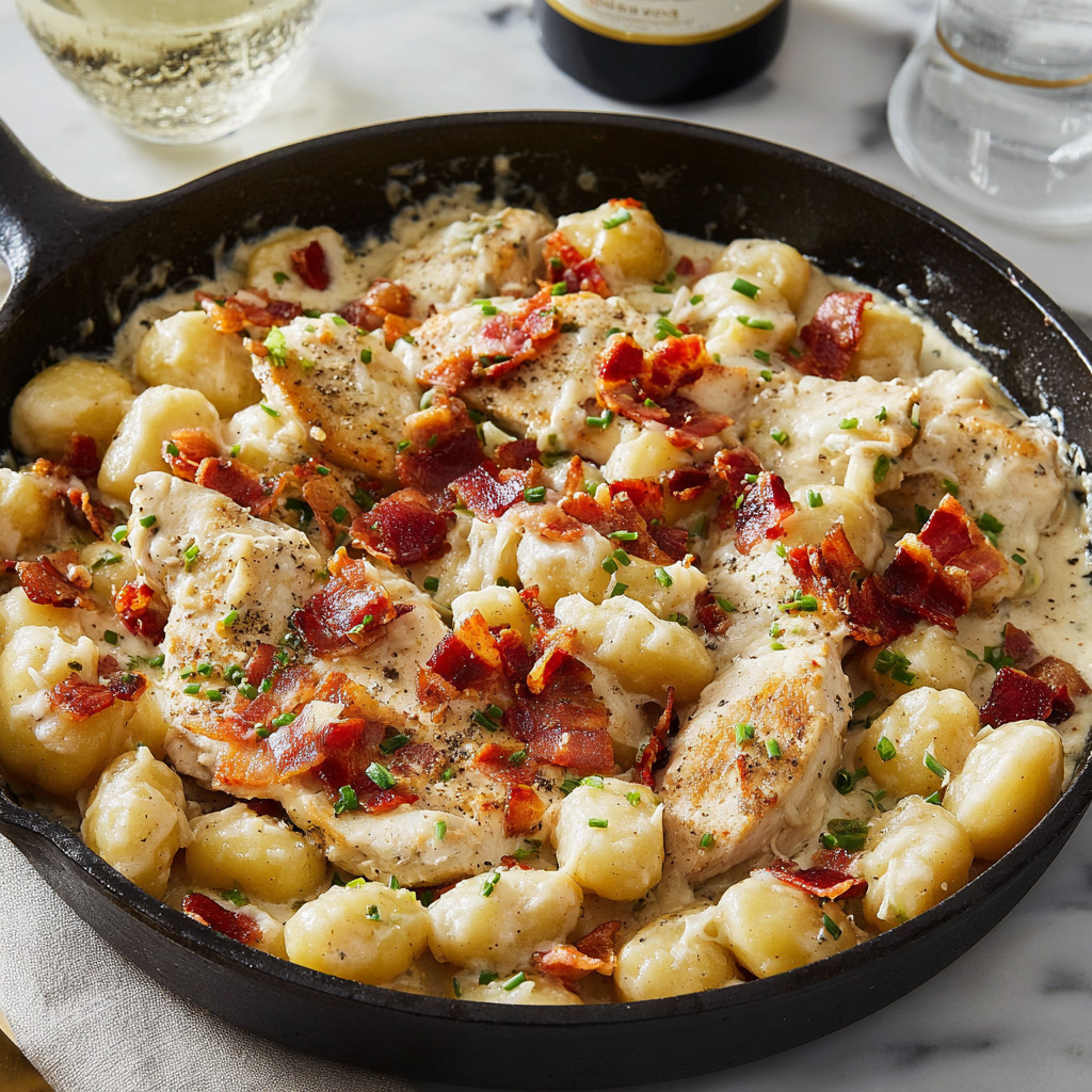 A pan of chicken, bacon, and gnocchi.