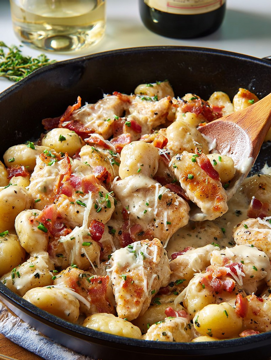A pan of chicken, bacon, and gnocchi.