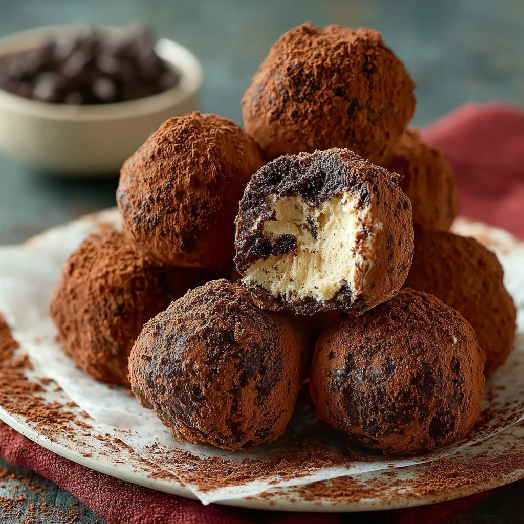 A plate of chocolate truffles with a bowl of chocolate chips.