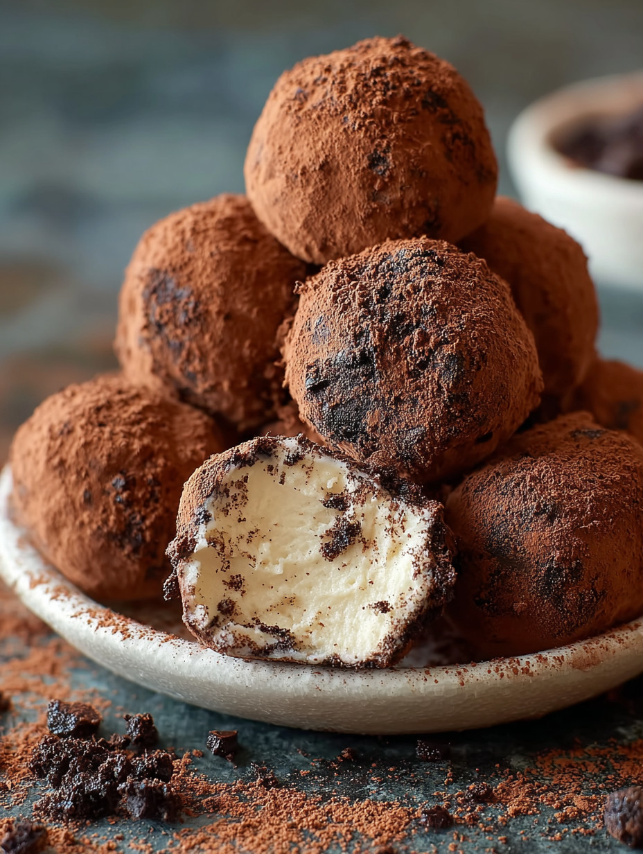 A plate of chocolate truffles with white cream in the middle.