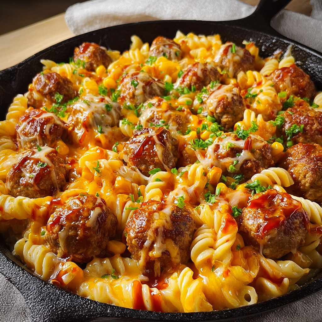 A skillet filled with BBQ Ranch Meatball & Cheddar Pasta.