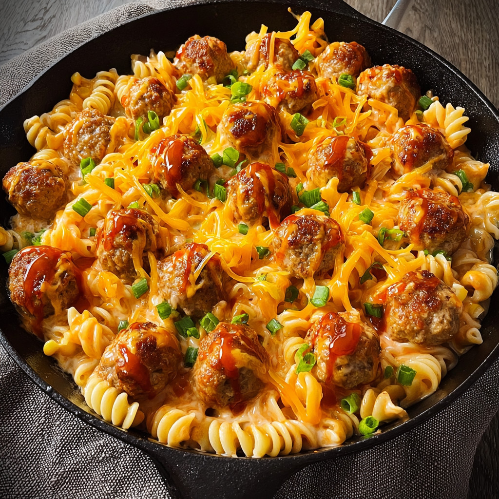 A skillet of BBQ Ranch Meatball & Cheddar Pasta.