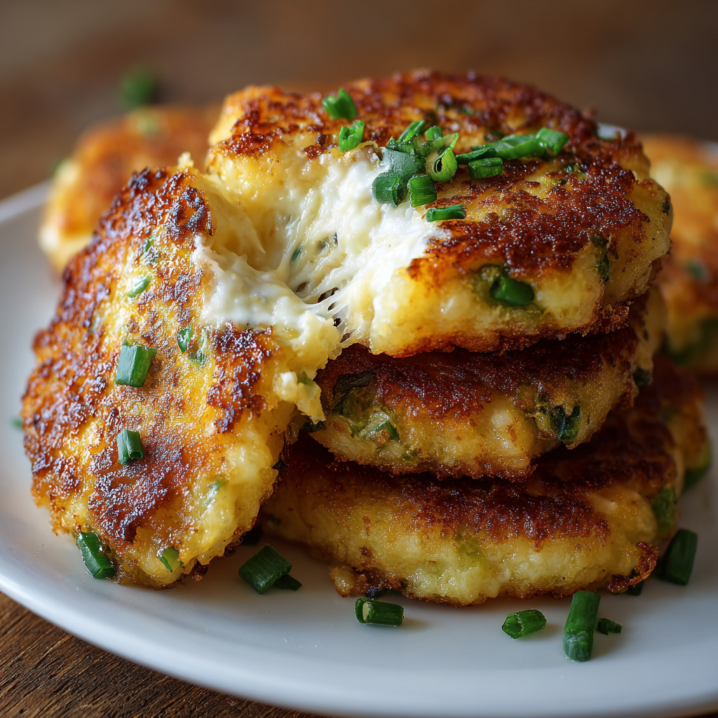 A stack of green chile cheese potato cakes.