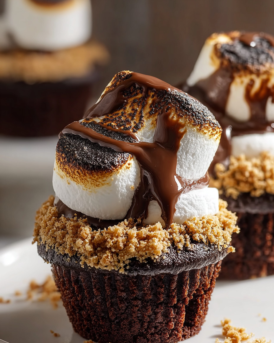 A cupcake with chocolate and marshmallow toppings.