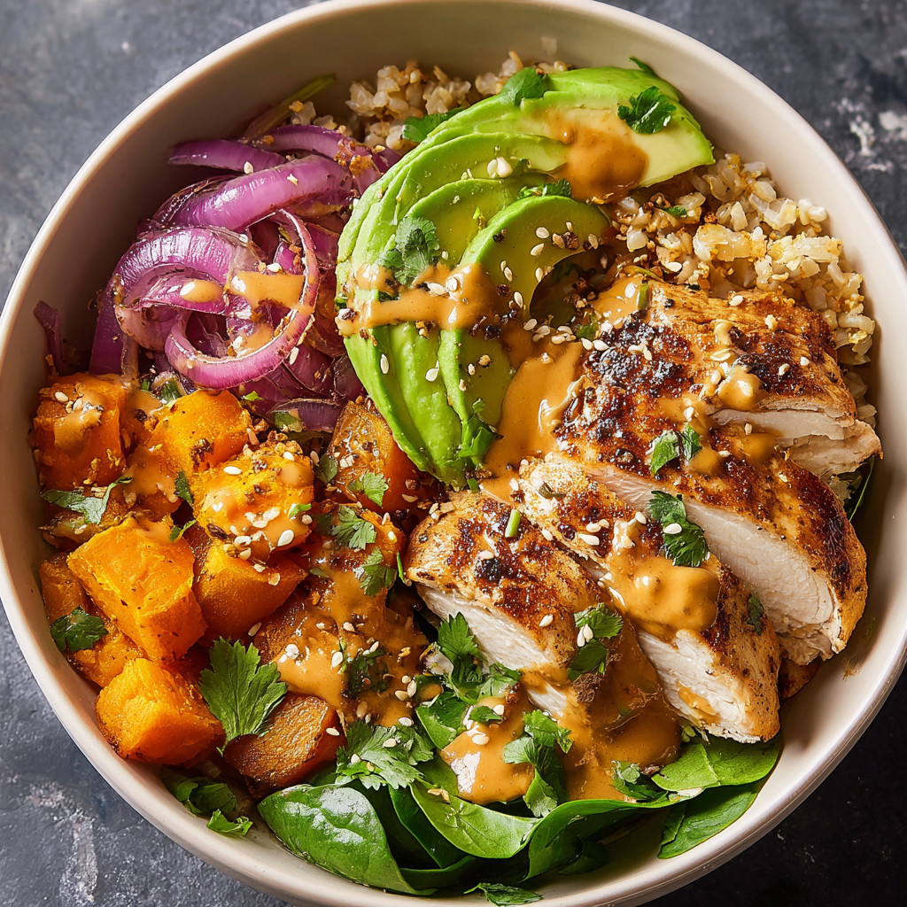 A bowl of food with chicken, avocado, onions, and rice.