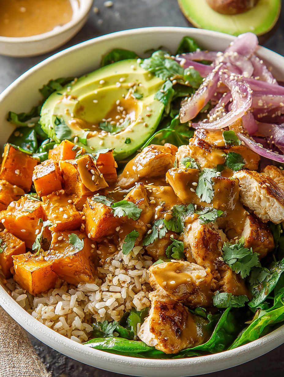 A bowl of food with chicken, rice, and vegetables.