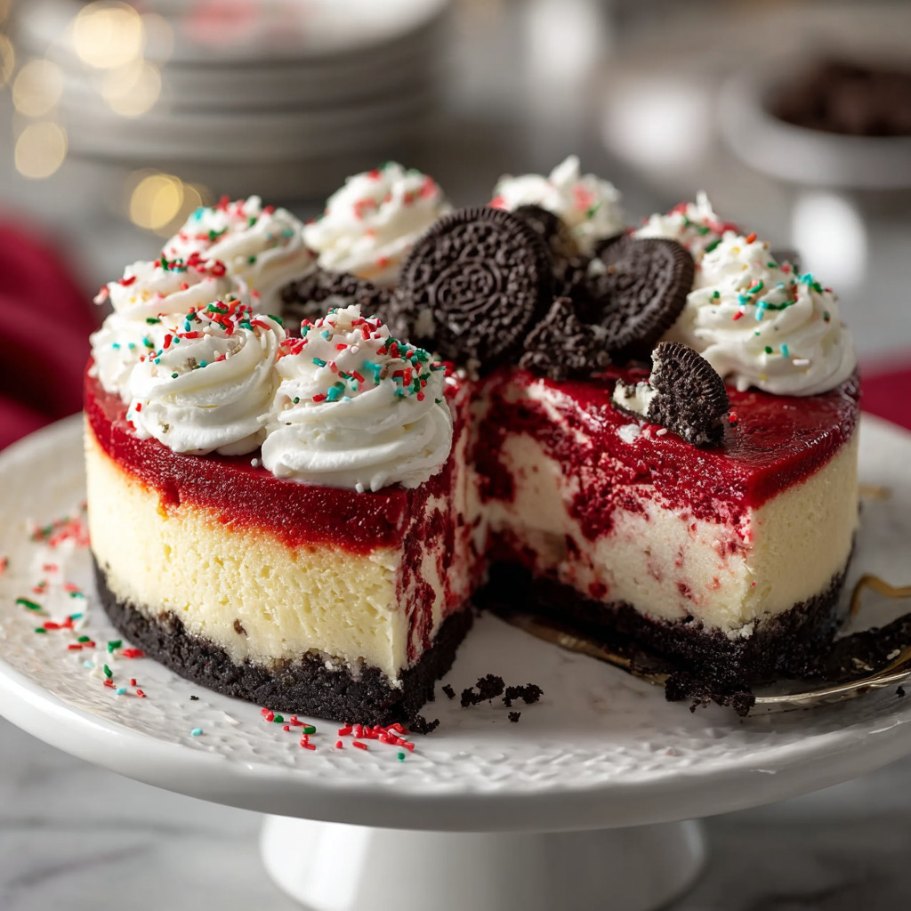 A slice of red velvet cheesecake with chocolate and white cream.