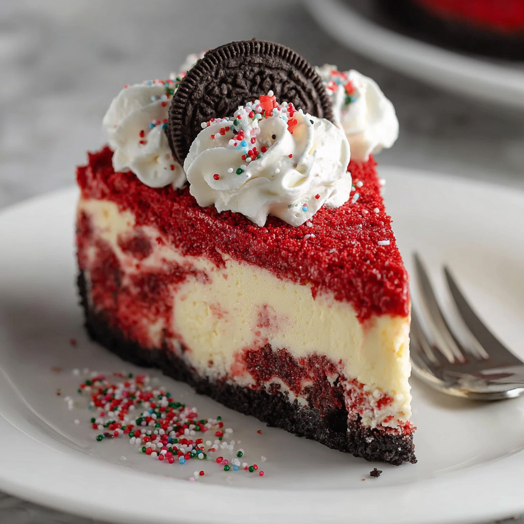 A slice of red velvet cheesecake with white frosting and chocolate chips.
