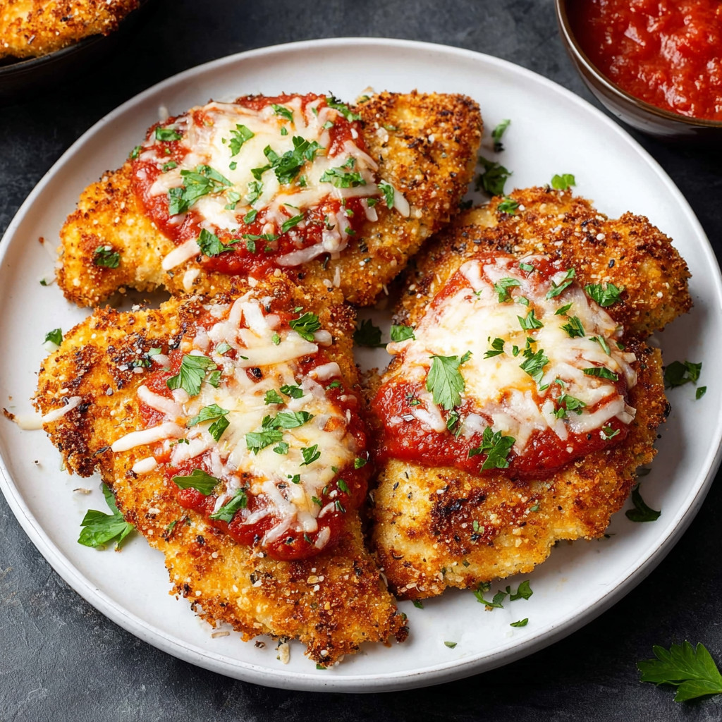 A plate of chicken parmesan with cheese and tomato sauce.