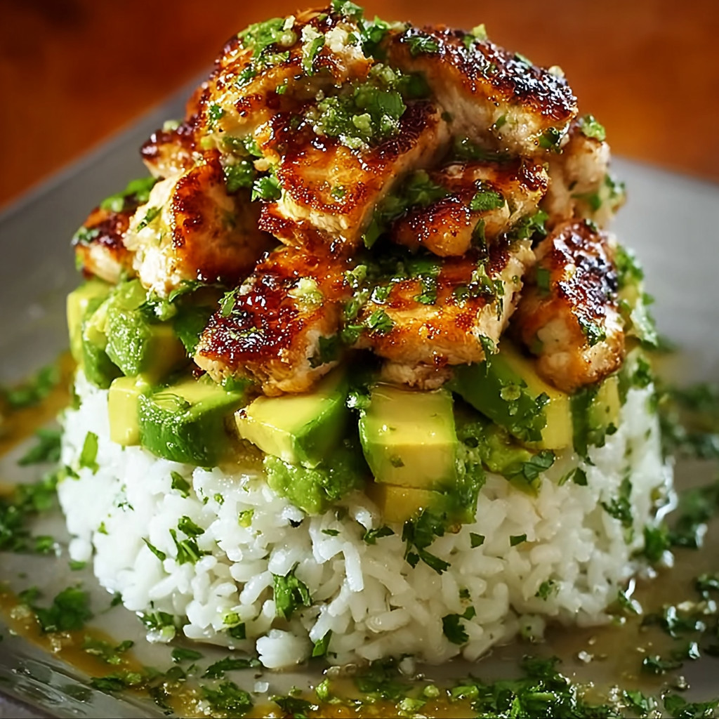 A stack of rice with chicken and avocado on top.
